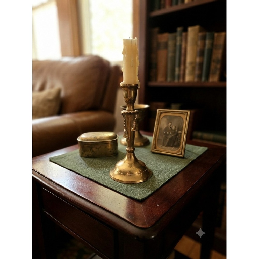 Vintage Solid Brass Candlestick Holder 7 In Gold Tassel Rope India Decor